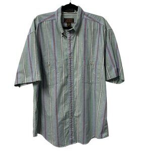 EDDIE BAUER STRIPED BUTTON SHIRT 90S NORTHWEST CHAMBRAY MENS XL SHORT SLEEVE